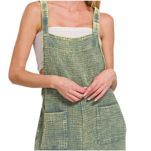 Zenana Green Double Gauze Cotton Wide Leg Overalls Jumpsuit Boho Medium, NWT - Picture 6 of 7